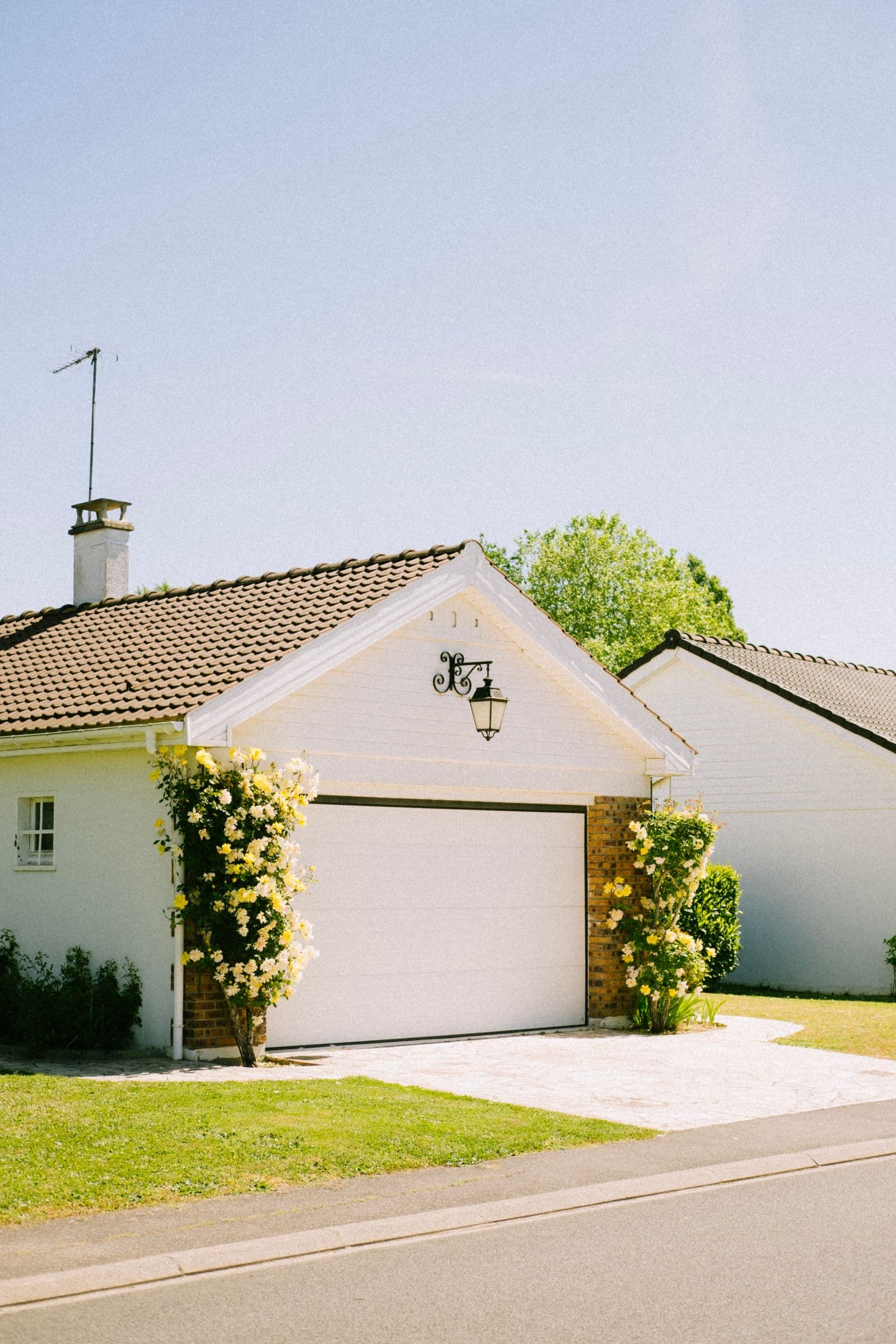 A newly installed white residential garage door on a suburban home framed by climbing roses
